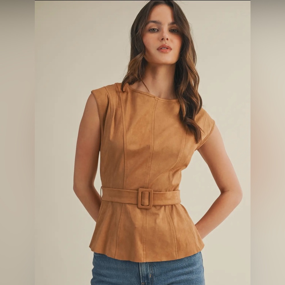 Tan suede Belted strapless top - Picture 2 of 3